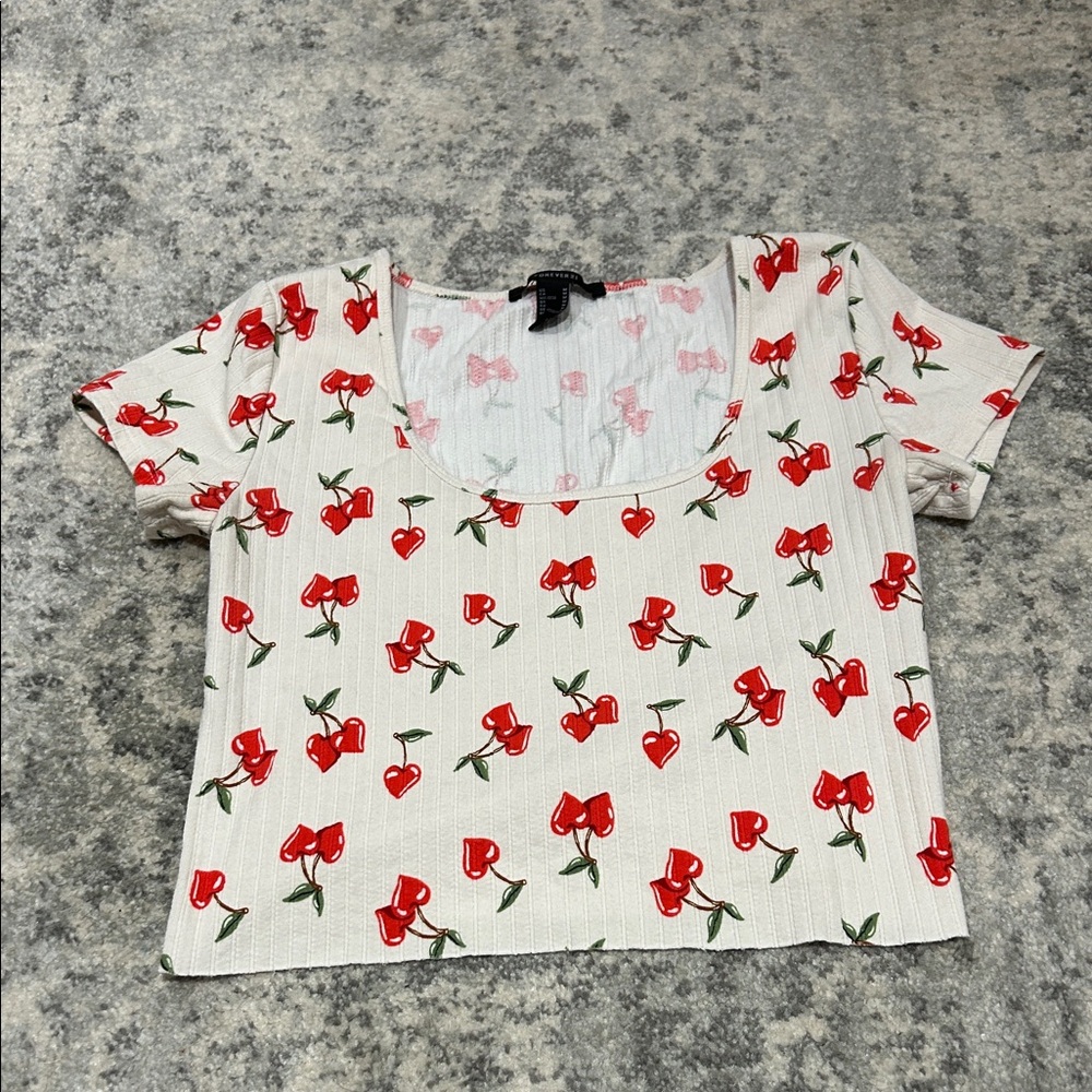 Forever 21 Cherry Patterned White Crop Top